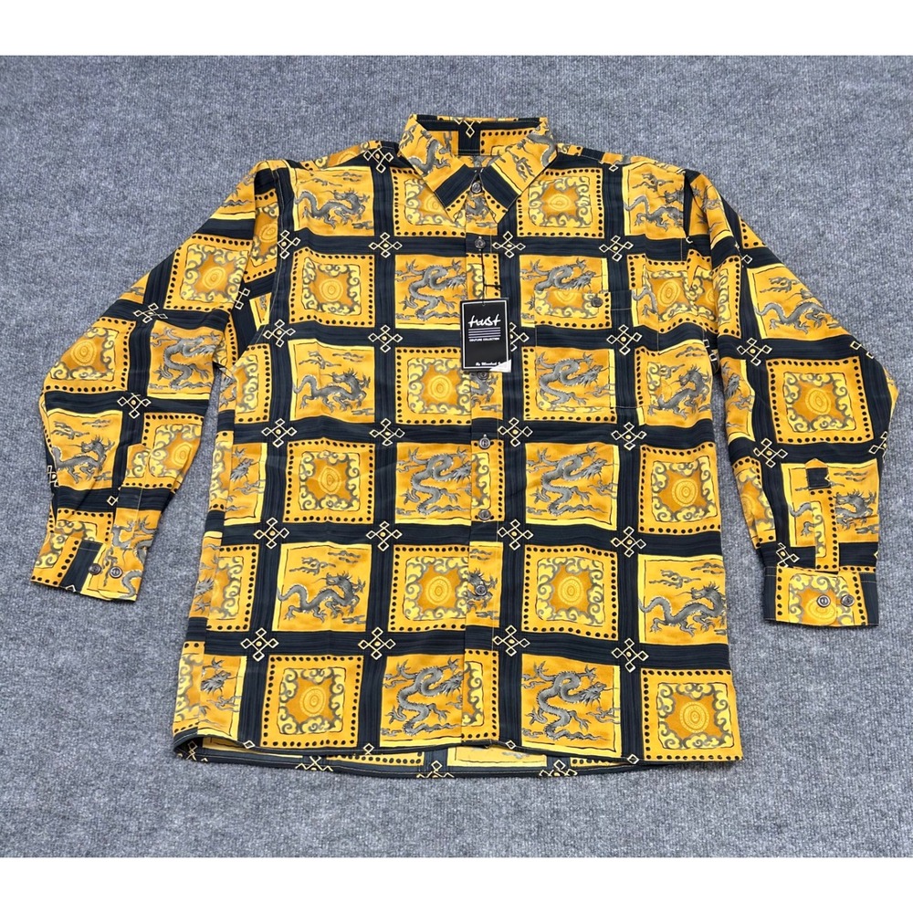 HUGE Dragon Print Shirt L Couture Collection‎ Long Sleeve Button Up Yellow Black